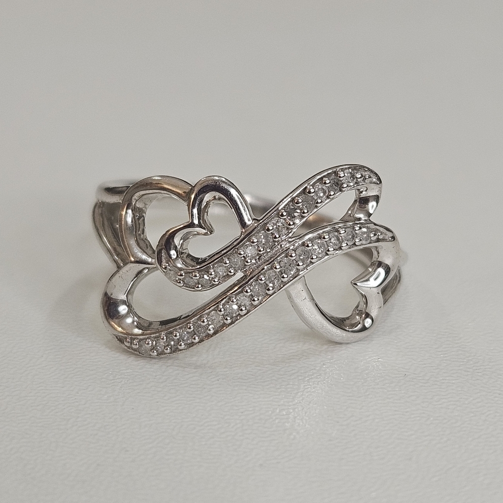 Diamond Hearts Sterling Silver Size 6.75 US Rhodium Plated